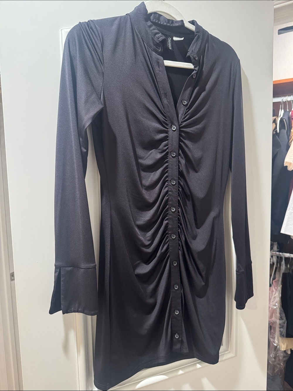 Divided Black Ruched Button-Front Long Sleeve Mini Dress